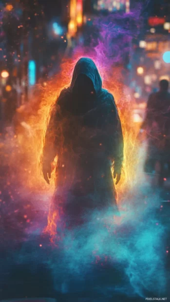 Mystical figure shrouded in neon mist.