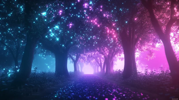 Mystical forest glowing under scattered neon lights, Cool neon tech background.