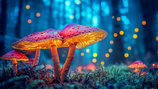 Mystical forest illuminated by glowing mushrooms, ideal for high quality fantasy desktop backgrounds.