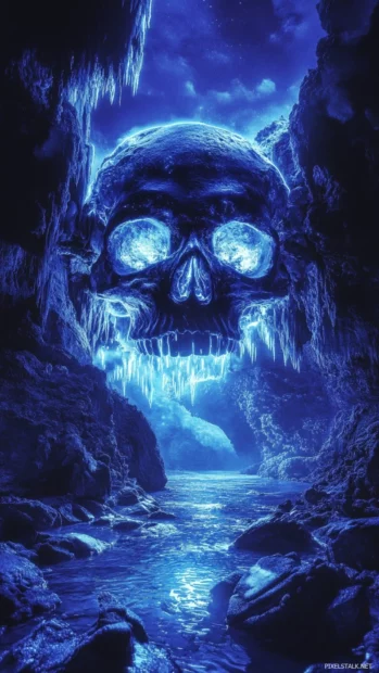 Mystical neon skull illuminating hidden valley, Mystic neon skull landscape.
