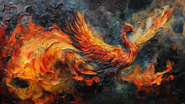 Mythical phoenix emerging from a blaze.