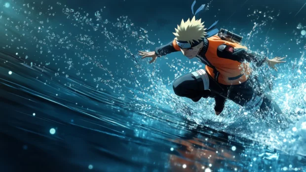 Naruto Moving Wallpapers capturing Naruto sprinting across water with reflection trails.