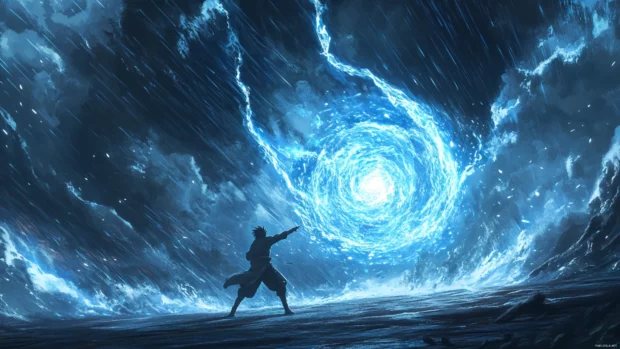 Naruto Uzumaki in Sage Mode unleashing Rasenshuriken in an epic storm, best Naruto desktop background.