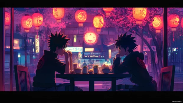 Naruto and Boruto sharing ramen at Ichiraku under neon lights.