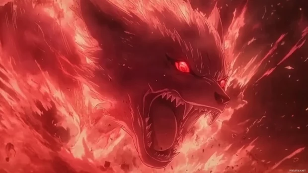 Naruto and Kurama roaring together with intense red energy.