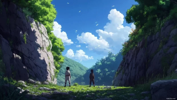 Naruto and Sasuke clashing at the Valley of the End.