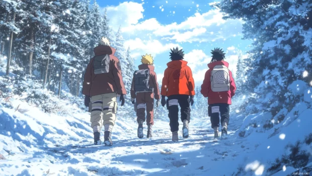 Naruto and friends walking on a snowy trail together.