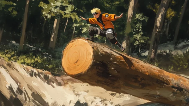 Naruto balancing atop a moving log with perfect precision.