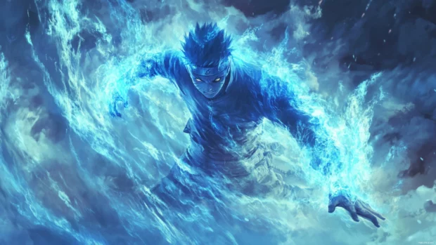 Naruto charging forward with a fierce look as blue chakra flares.