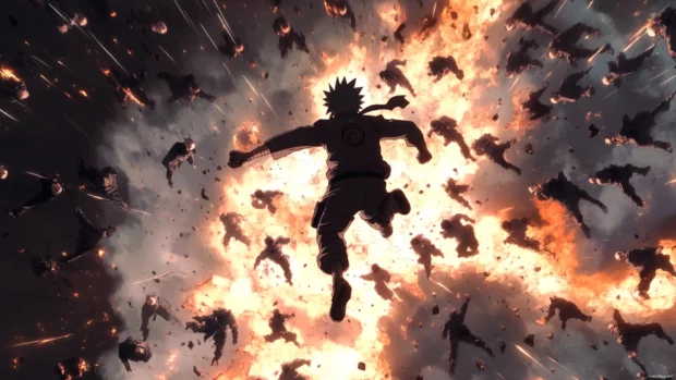 Naruto creating dozens of shadow clones mid air in an explosive attack.