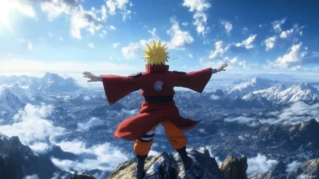 Naruto crossing arms atop Mount Hokage with wind blowing.