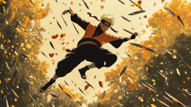 Naruto flipping gracefully through the air as kunai knives flash around him.