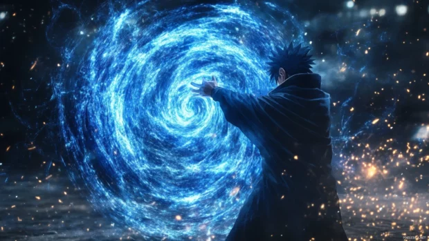 Naruto forming Rasengan with spiraling blue light.