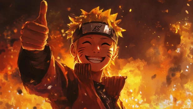 Naruto giving his iconic thumbs up with a confident grin.