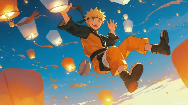 Naruto jumping from one glowing lantern to another during a moon festival.