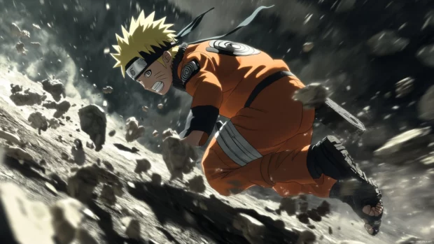 Naruto landing dynamically on a rocky surface, cracking the ground.
