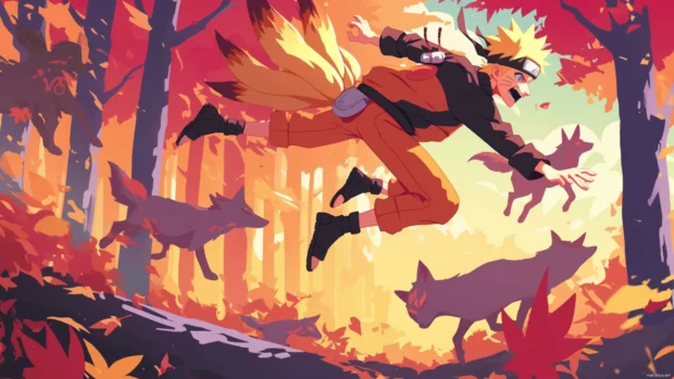Naruto leaping through a red maple forest while fox spirits follow.