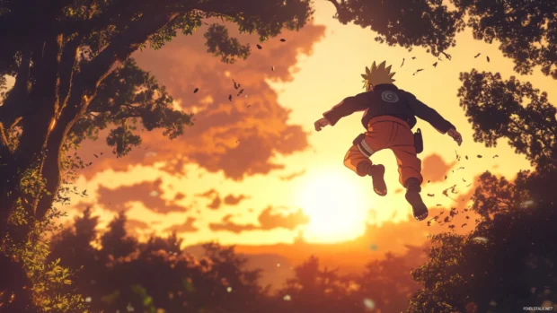 Naruto leaping through the trees during a mission at dawn.