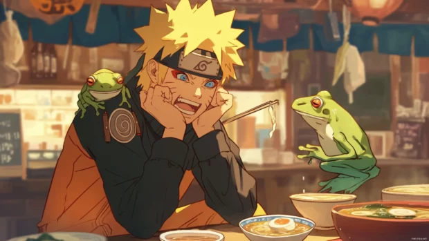 Naruto making funny faces with tiny frogs at a ramen stand.