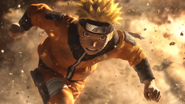 Naruto mid jump with an intense expression as dust swirls.