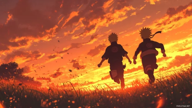 Naruto running alongside Sasuke under a blazing sunset sky.