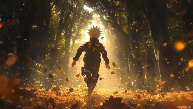 Naruto running through a forest with sunlight flickering through trees.