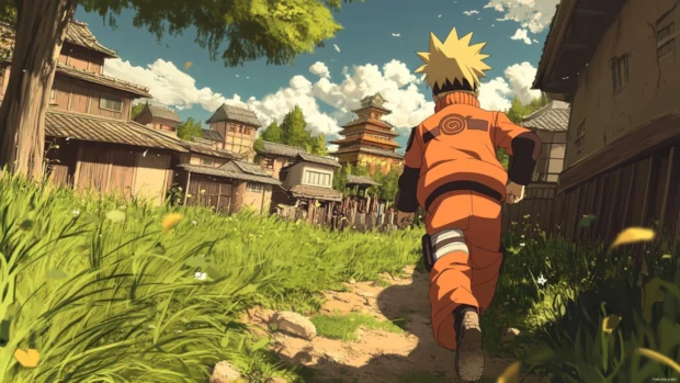 Naruto running through the Hidden Leaf Village, vibrant anime wallpaper.