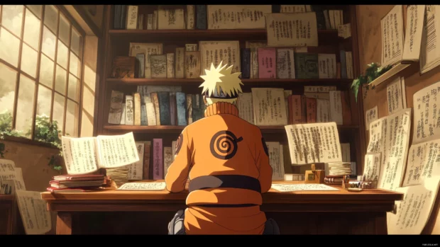 Naruto sitting at the Hokage desk surrounded by scrolls.