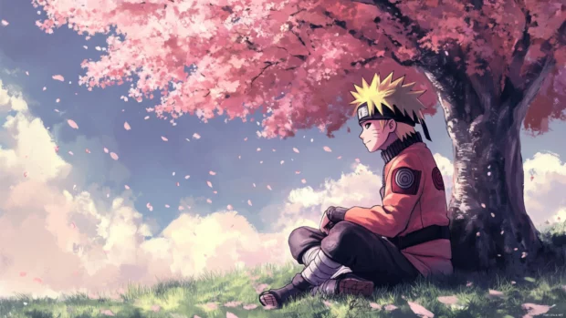 Naruto sitting peacefully under a sakura tree, aesthetic anime wallpaper for desktop.