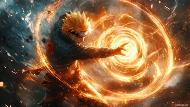 Naruto spinning his Rasengan with glowing energy spirals.