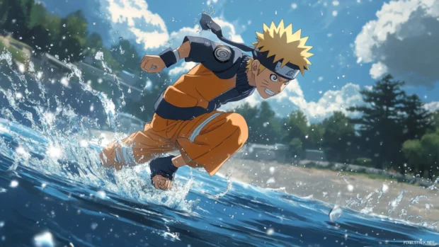 Naruto sprinting over water, leaving rippling trails behind.
