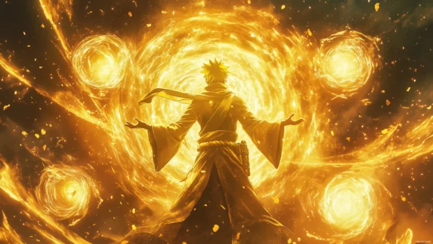 Narutos transformation into Six Paths Sage Mode with golden aura.