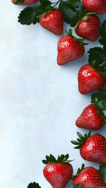 Natural border of strawberries and leaves in a vertical layout on a soft light blue background, simple design.