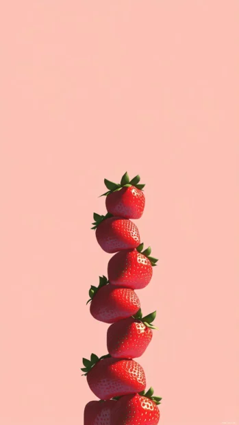 Natural strawberry and leaf border on a soft light blue background, clean design with simple lines.
