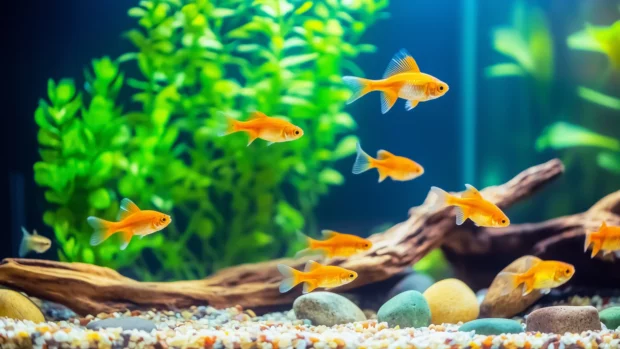 Natural theme fish tank, small freshwater fish, driftwood stones, lush green vegetation, mini forest underwater arrangement.
