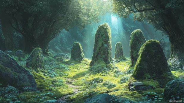 Nature breathes through moss covered stones in a hidden forest glade.