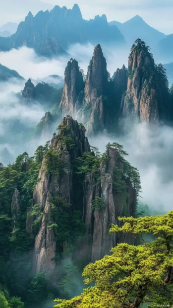 Nature inspired Lock screen Wallpapers of serene mountain ranges in mist.