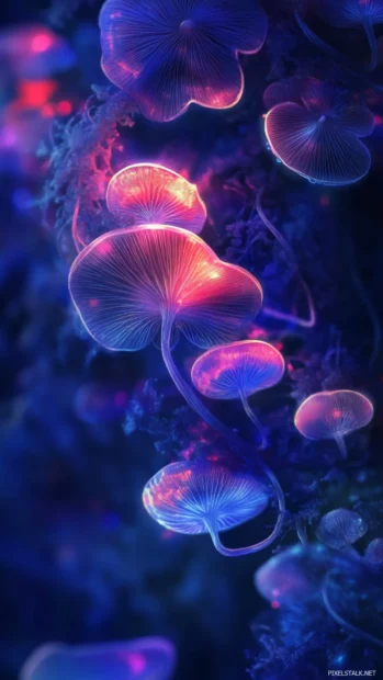 Nature inspired Moving iPhone Wallpapers of luminous mushrooms glowing softly.