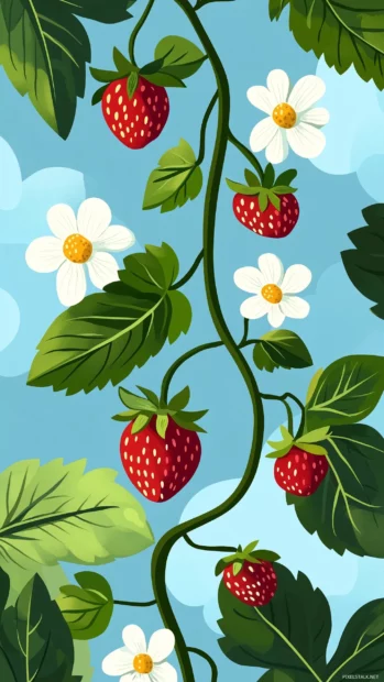 Nature inspired close up of strawberry plant with flowers and small unripe fruits, sky blue background.