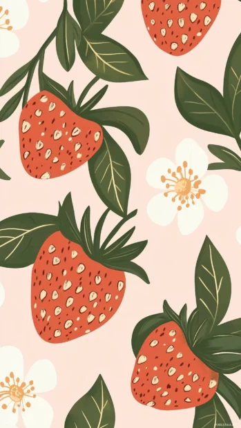 Nature inspired strawberry pattern, flowers and leaves, pastel pink background.