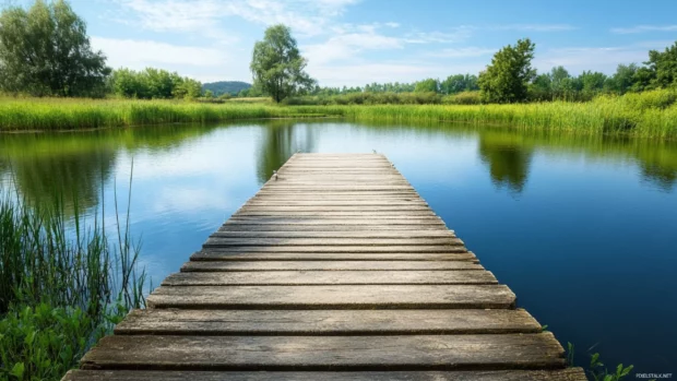 Nature surrounds a wooden dock stretching into a calm lake.