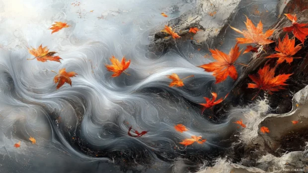 Nature themed Moving Desktop Wallpapers showing falling autumn leaves dancing in the wind.