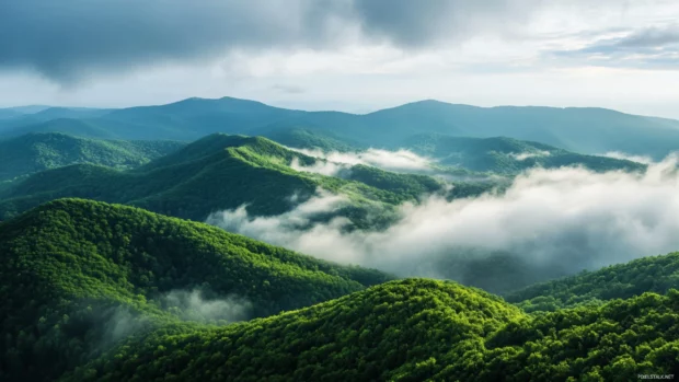 Nature unfolds in layers of cloud drifting above rolling green hills.