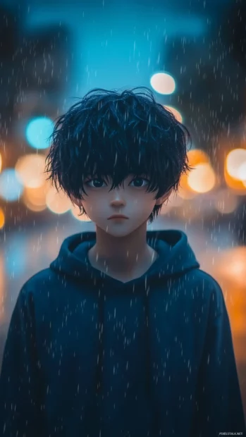 Navy blue hoodie anime boy, rainy street, reflective face, streetlight glow.