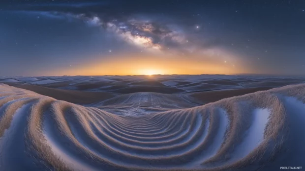 Navy sky deep vast, countless glowing stars, prominent Milky Way stretching horizon, soft light serene landscape.