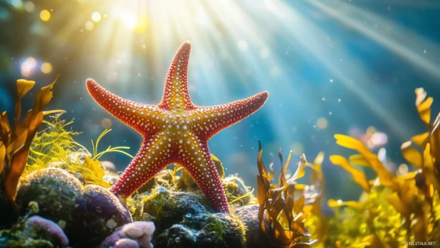 Near a variety of sea plants, a starfish in vivid red and yellow colors is positioned as bright sunlight creates an ethereal underwater glow.
