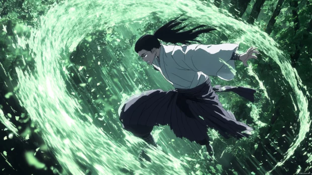 Neji striking in mid air with his Byakugan active.