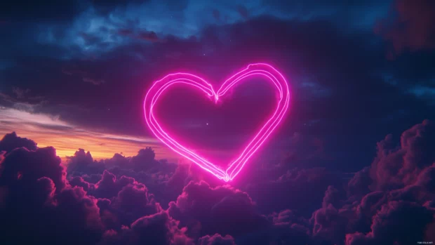 Neon Heart Wallpaper, Glowing pink neon heart floating in dark sky.