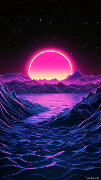Neon Phone Wallpapers, Glowing neon waves dancing across black night sky.