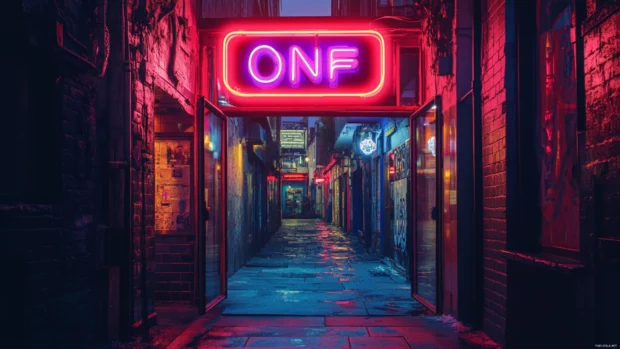 Neon Sign Wallpapers, Glowing neon open sign in dark alley.